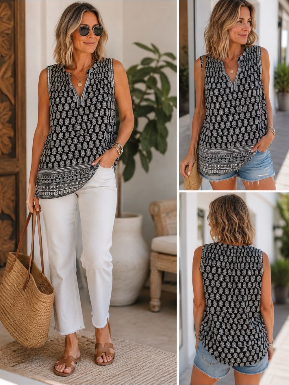 Lucky Brand Black Ivory Boho Sleeveless Smocked Peasant Blouse Top 1X